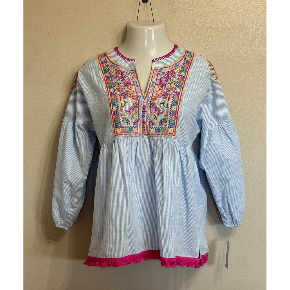 NWT - Calessa - Womens M- ‎ Embroidered Boho Top - Blue Pinstripe w/Fringe
